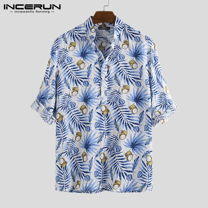 INCERUN Мужская гавайская рубашка с принтом стоячий воротник короткий рукав мужская пляжная тропическая рубашка Повседневный пуловер Camisa 5XL - Цвет: Blue Shirt