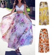 Женская юбка, женская летняя модная длинная Плиссированная богемная юбка с цветочным принтом, эластичная талия, юбка с цветочным рисунком, новинка, Прямая поставка M27