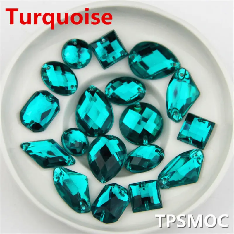 

100pcs Mix Size Turquoise Silver Base Resin Acrylic Sew On Rhinestone Beads, Sew On Stones Spacer buttons for Garment Decoration