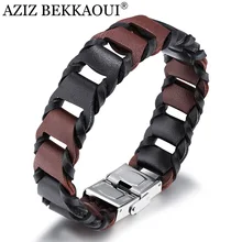 AZIZ BEKKAOUI коричневый плетеный кожаный браслет панк из нержавеющей стали плетеные веревки цепи браслеты для мужчин Винтажные Ювелирные изделия подарок