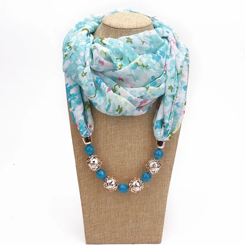 

14 Types Printing Flower Pattern Chiffon Beads Scarf Necklace For Women Soft and Silky Maxi Statement Necklaces Beads Jewelry