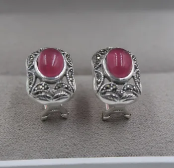 

Retro Sterling S925 Silver Earrings Red corundum National Style For Women Ladies Girl 20*13mm Stud Earrings Hook 2018 Hot