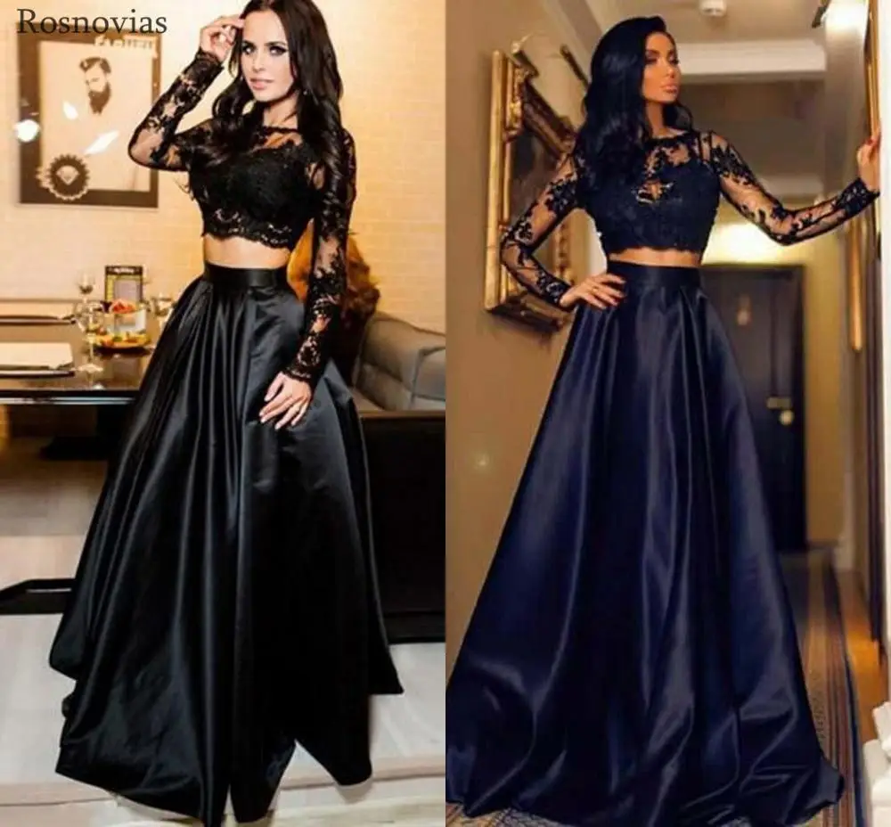 

Back Long Sleeves Lace Evening Dresses Long Two Pieces Dress Sweep Train Prom Party Dresses Formal Gowns Vestido De Noche