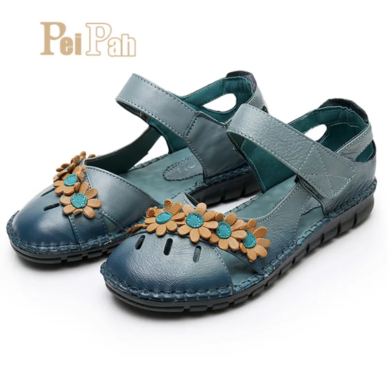 

PEIPAH Summer Women Genuine Leather Sandals Handmade Vintage Women Flat Sandals Hook & Loop Casual Summer Shoes Ladies