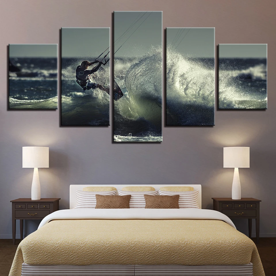5 Pieces Surfing Seascape Pictures Surfer Waves Poster Canvas Paintings Wall Art Framework Home Decor For Living Room HD Prints | Дом и сад