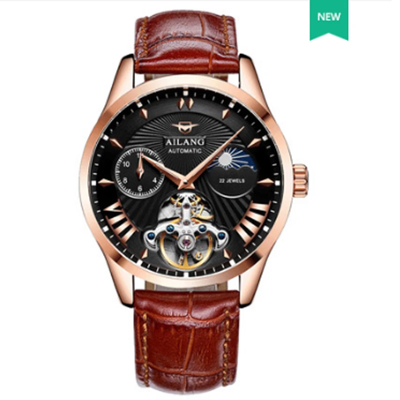 AILANG Luxury Lunar Phase Automatic Watch Men Chronograph Tourbillon Mens Skeleton Mechanical Watches Male Relogio Brand