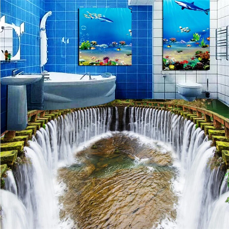 beibehang Waterfall water stone road custom floor wall paper Soft floor tile waterproof wallpaper for bathroom 3d floor mural slate tile gap tightening adjustment vacuum suction cup tile stone background wall seamless splicing tool