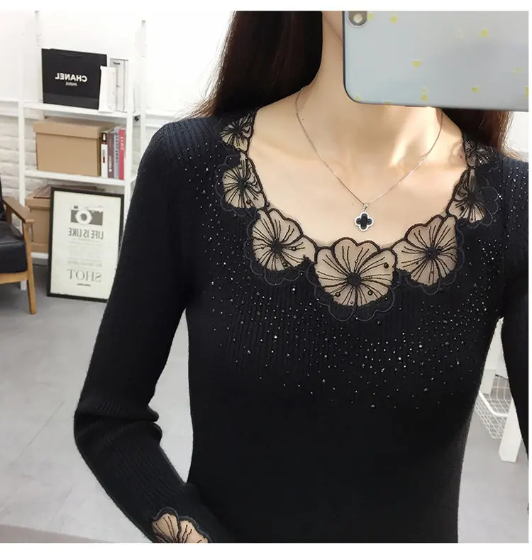 Women Pullovers 2019 Flower Lace Pullover Sweaters Fashion Round Collar Knitted Tricot Pull Fall High Elastic Sweater Women (11)