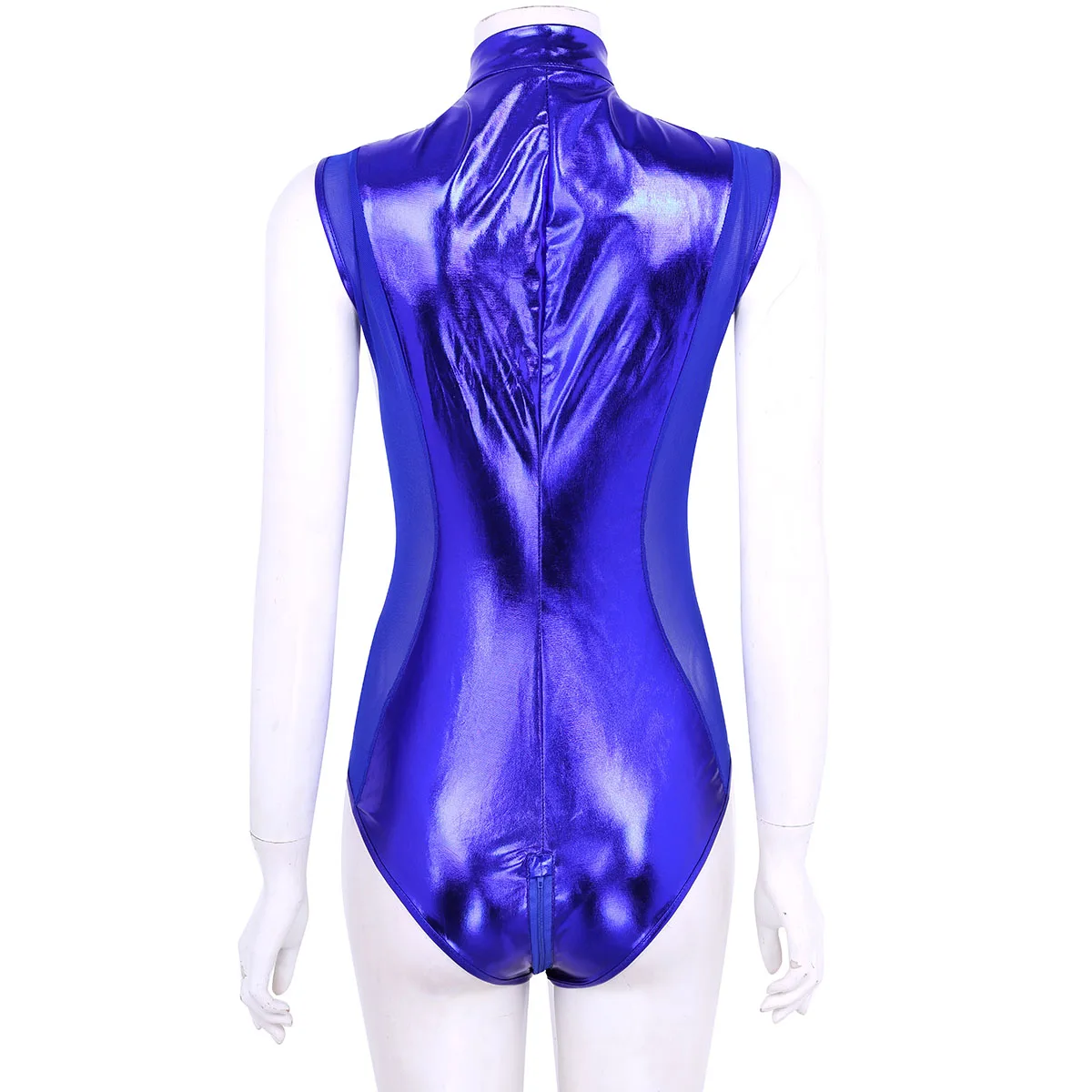 sexy bodysuit TiaoBug Women Metallic Patent Leather Sheer Mesh Splice Zipper Leotard Nightclub Party Rave Sexy Bodysuit Performance Costume orange bodysuit