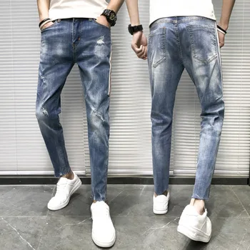 

Spring New Jeans Men Slim Fashion Washed Tear Hole Denim Pants Man Streetwear Trend Wild Hip Hop Trousers Male Clothes