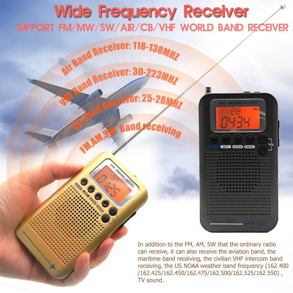 2022 Aircraft FullBand VHF Radio Portable FM AM SW Radio VHF CB 30-223MHZ 25-28MHZ Air 118-138MHZ with Dual Alarm Clock