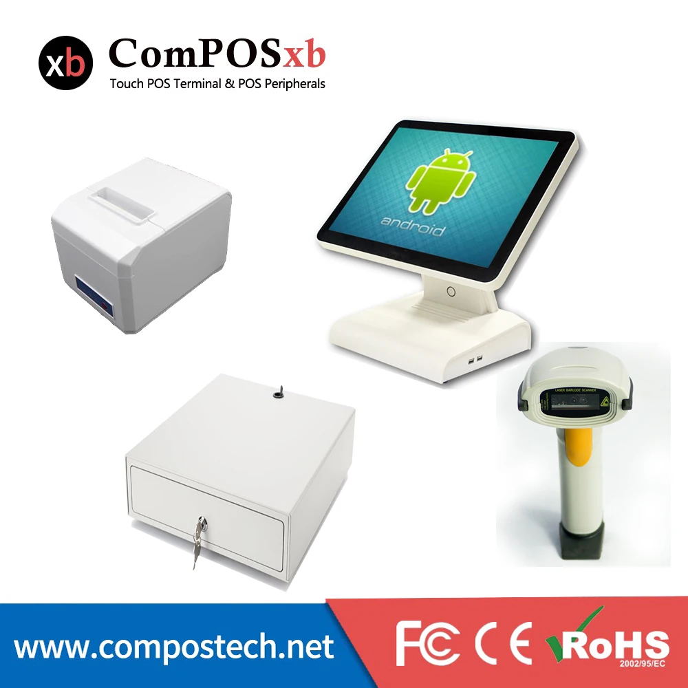 

Android System 15inch TFT LCD touch screen with 80300printer and cash drawer barcode scanner