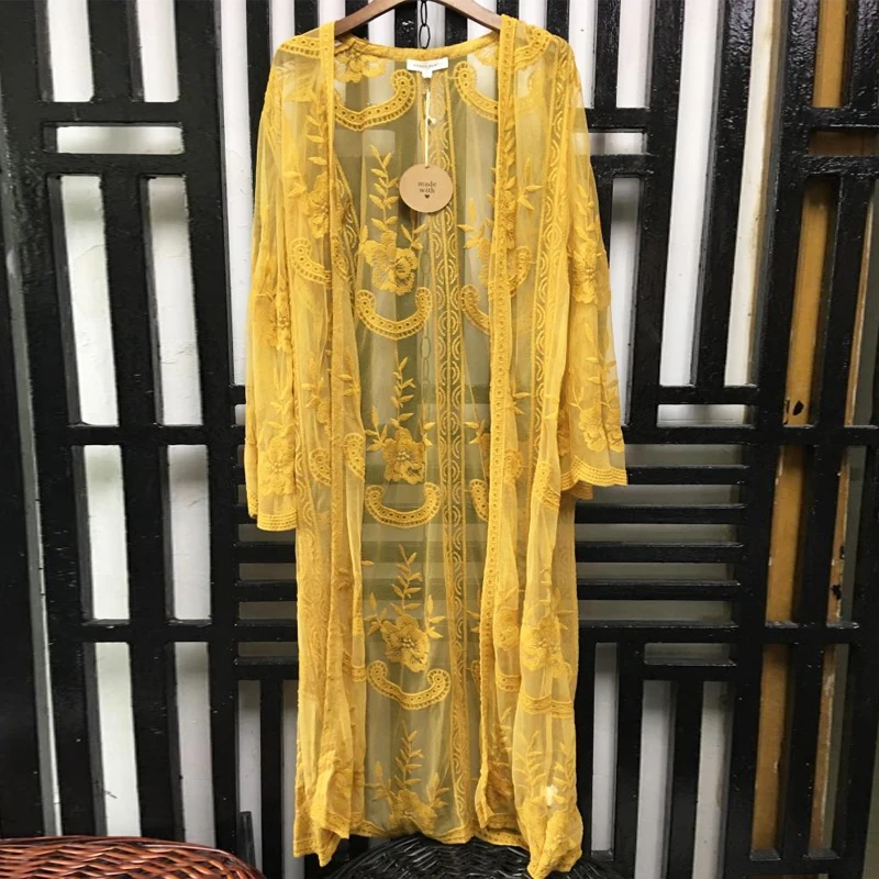 Spicylace Women High Quality Print Flower Lace Cardigan Long Sleeve Beach Open Kimono Cardigan Long Blouses Tops