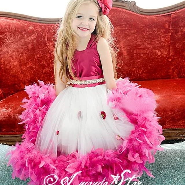 Best price at $113 Cheap Fabulous Flower Girl Dress Adorable Floral Rosette Feather Open Back  Little Girl Tulle Ball Gown with Beading Bowknot 2-12 Year