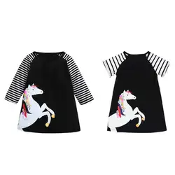 Дети девочки черный в полоску платье с длинным/короткий рукав мультфильм лошадь печати Повседневное платье принцессы для девочек летняя