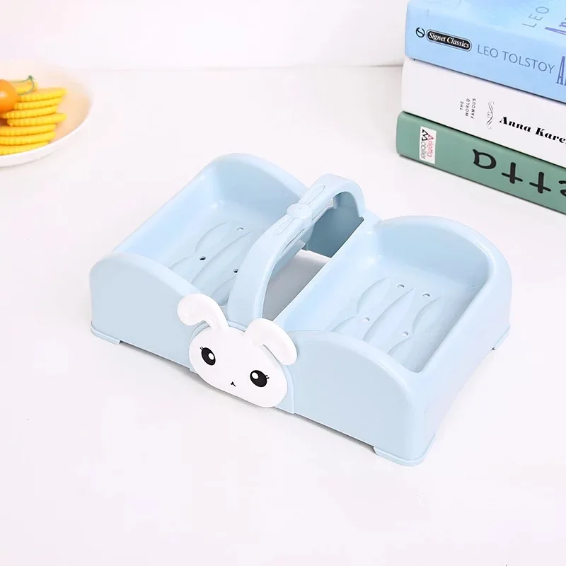 Bathroom Soap Dishes Box Holder Cute Double Lattice Portable Soap Box Creative Handle Drain Soap Dish Bathroom Accessories