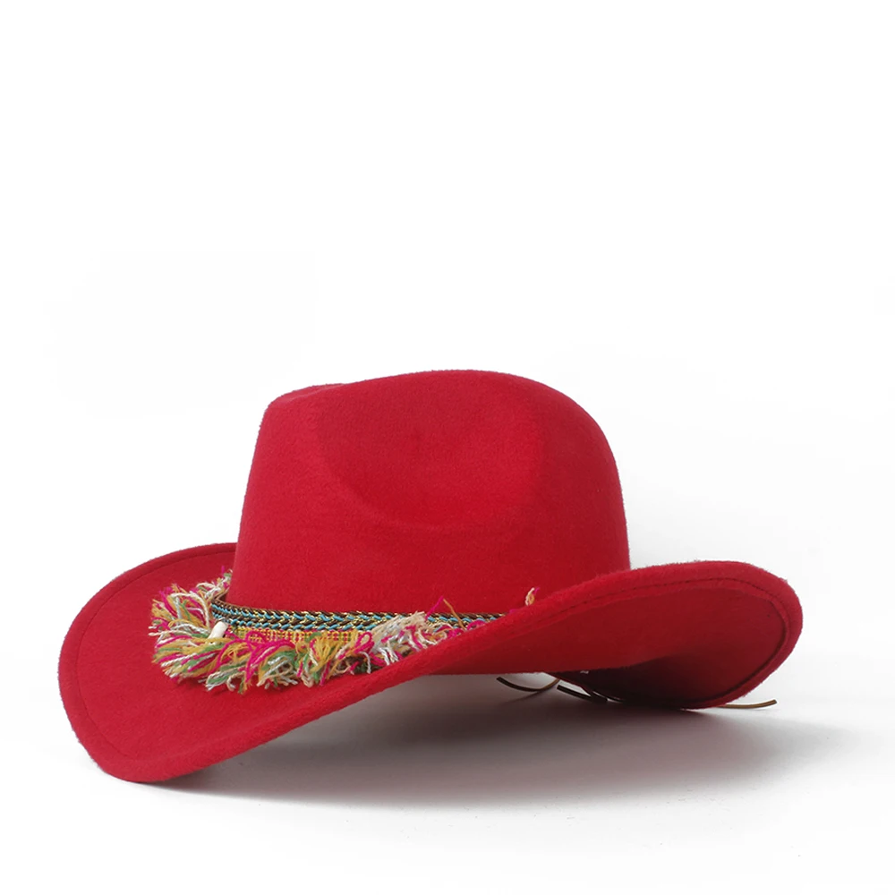 Модные, женские, шерстяные западная ковбойская шляпа ladyoutblack кисточкой сомбреро Hombre джаз шляпа Размеры окружности головы 56-58 - Цвет: Red