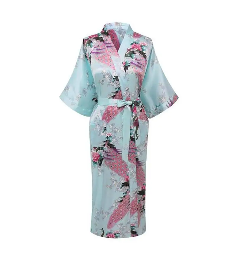 Женское модное кимоно купальный халат с принтом павлина невесты, свадебное платье подружки невесты, сексуальное женское белье с рукавом три четверти S-3XL - Цвет: Lake Blue