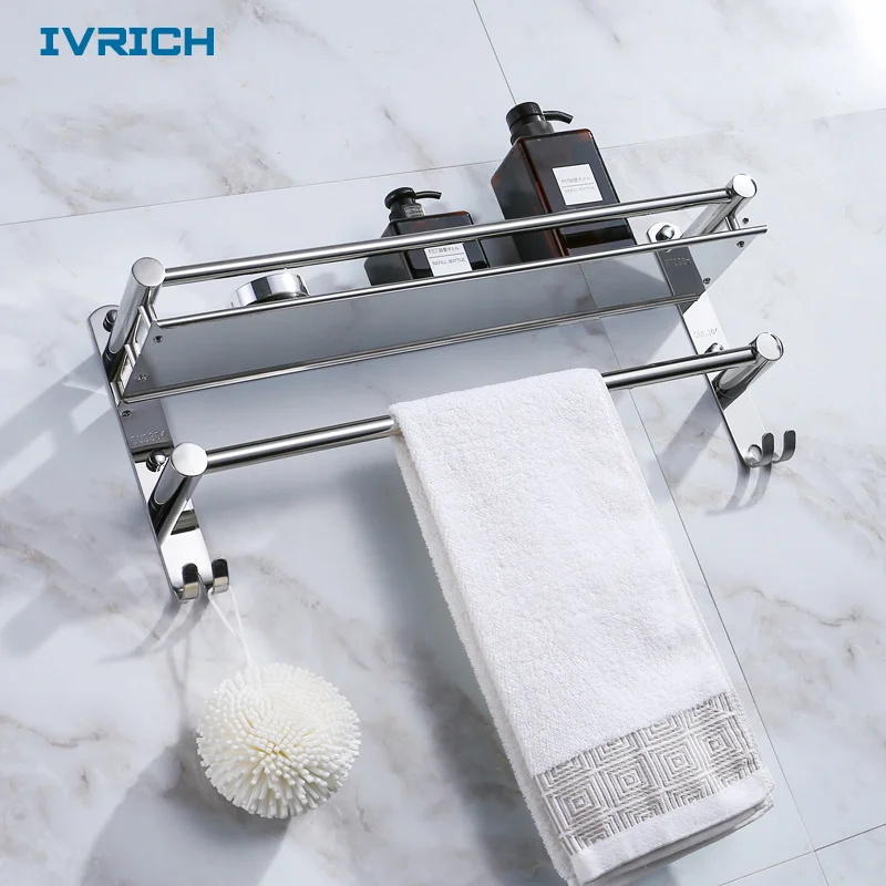 IVRICH جولة القطب الفولاذ اثنين طبقة منشفة رف العملي خطافات وعلاقات للملابس مرآة مصقول سميكة تصميم SH014 IVRICH جولة القطب الفولاذ اثنين طبقة منشفة رف العملي خطافات وعلاقات للملابس مرآة مصقول سميكة تصميم SH014