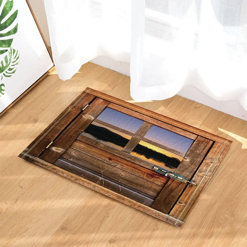 Wooden Bath Curtain, Timber Door with Window to Sunset and River Mildew Resistant Shower Curtain Set With Floor Doormat Wooden Bath Curtain, Timber Door with Window to Sunset and River Mildew Resistant Shower Curtain Set With Floor Doormat