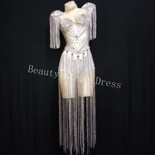 Белый яркий бахрома боди со стразами сценический сексуальный роскошный купальник женский день рождения, празднование певицы танцевальный костюм для вечеринки