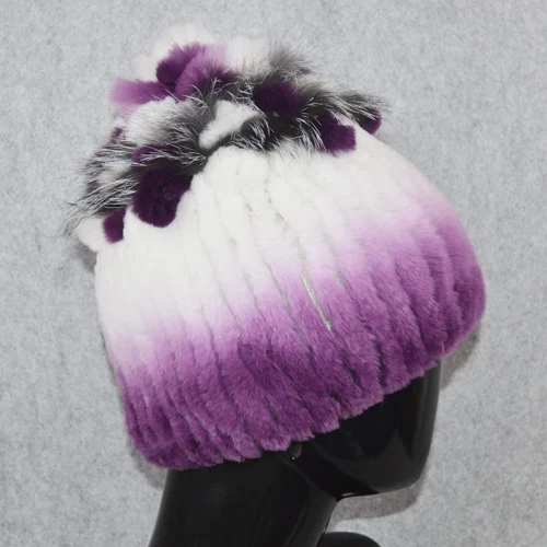 Вязаная женская шапка ручной работы, настоящий мех кролика, топ из лисьего меха, кепки с цветами, женская зимняя теплая Роскошная шапка из натурального меха кролика рекс - Цвет: color 12