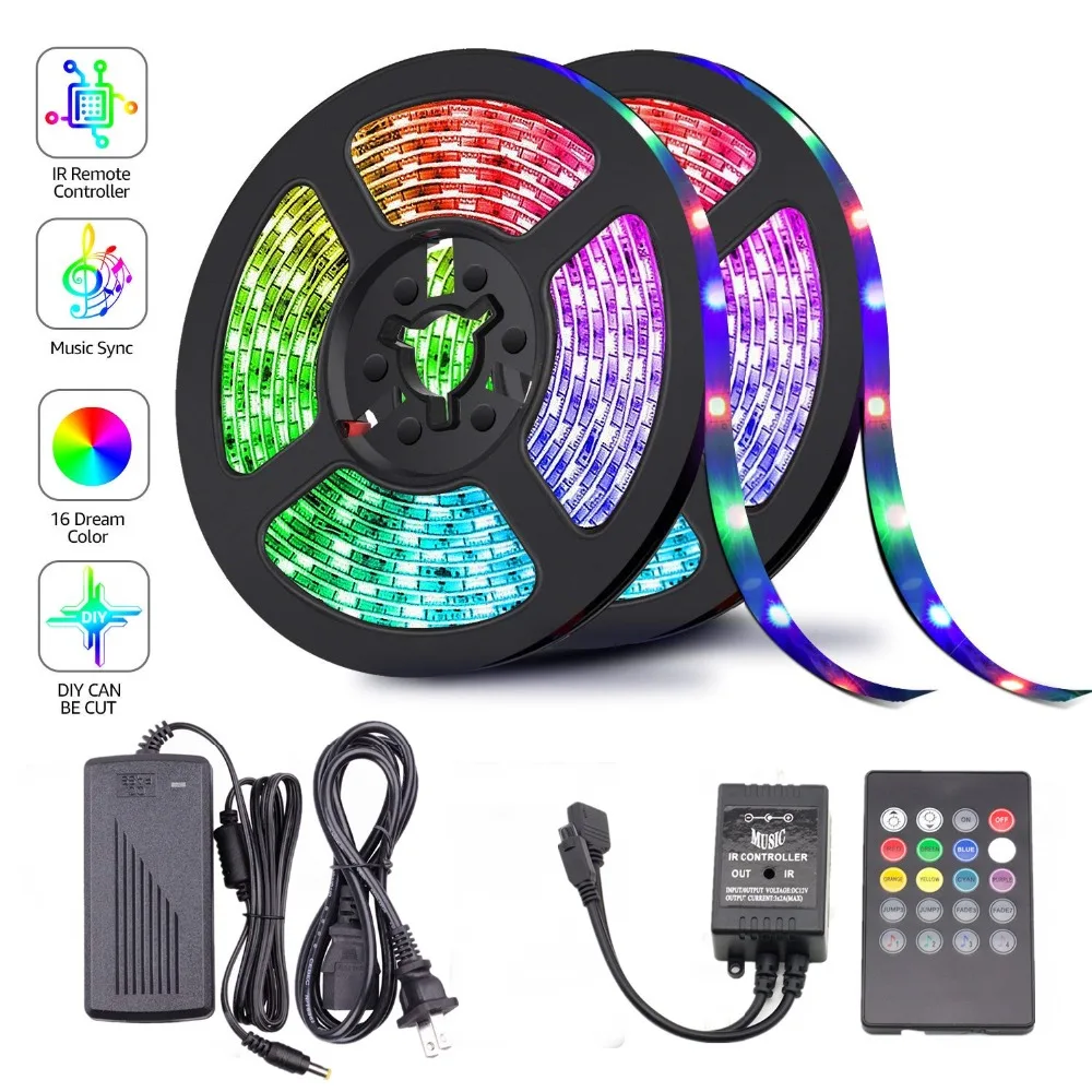 Светодиодная лента 1 м, 5 м, 10 м, 15 м, 5050 RGB, синхронизация музыки для украшения праздника, дня рождения, вечеринки, DC 12 В, 150 светодиодный s 300 светодиодный s светодиодный ленточный шнур