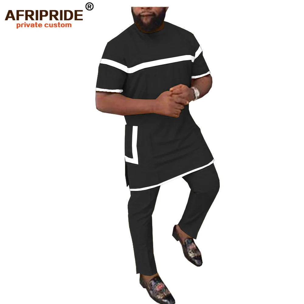 2019 африканская одежда для мужчин комплект из 2 предметов Твердые Рубашки-Дашики + брюки из Анкары спортивный костюм с карманами AFRIPRIDE A1916002