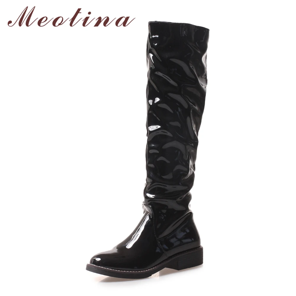 Meotina Patent Leather Winter Knee High Boots Women Boots Square Heel