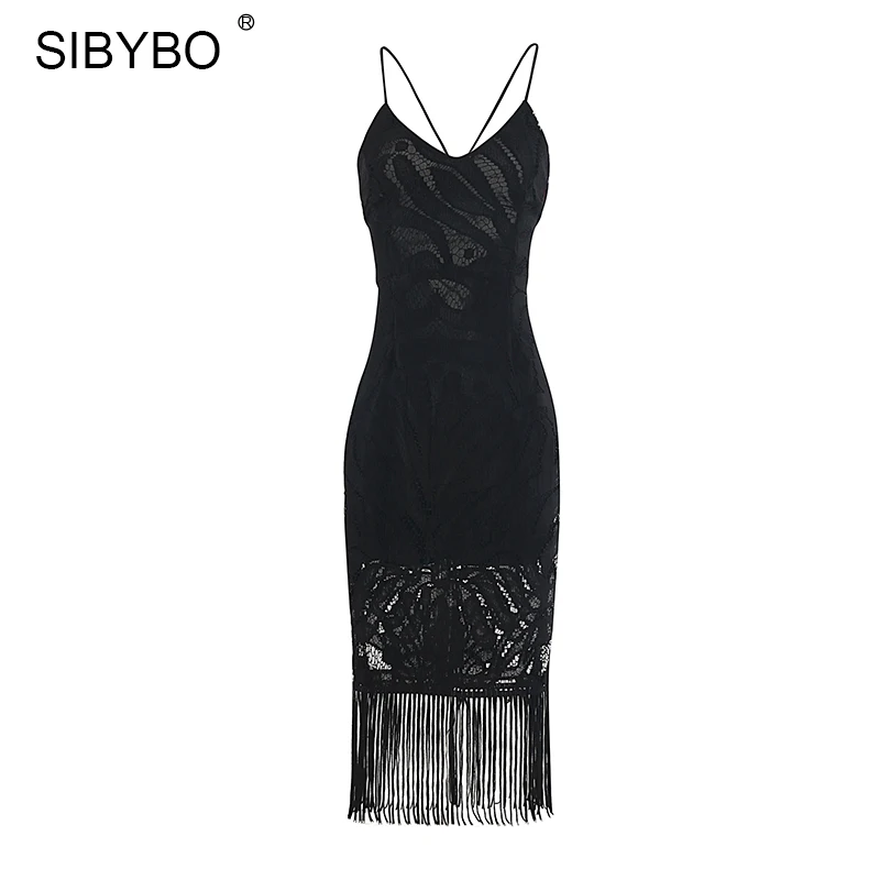 Sibybo, сексуальное Бандажное кружевное платье с открытой спиной, женское платье без рукавов с v-образным вырезом и кисточками на тонких бретелях, Vestidos, Элегантное Длинное Платье для вечеринок