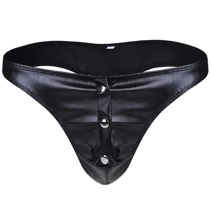 iEFiEL Fashion Mens Lingerie Faux Leather Briefs Bikini Underwear Underpants Male Thong Triangle Panties with Press Buttons