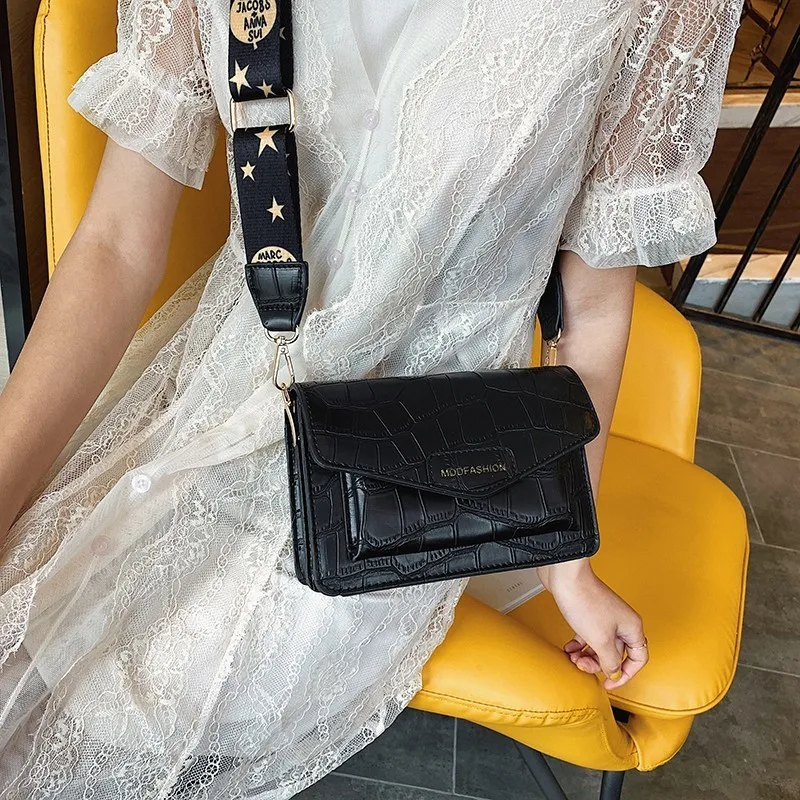 

Stone Pattern Small Flap Bags For Women 2019 New Quality PU Leather Women's Designer Handbag Wide Strap Shoulder Messenger Bags