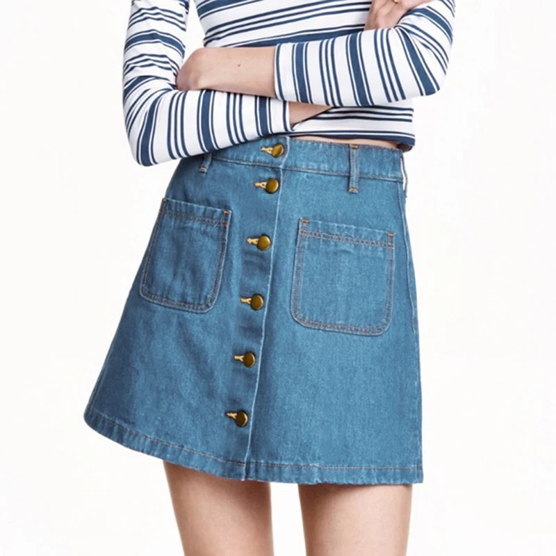 Двойной карман с высокой талией на пуговицах для женщин джинсовая юбка 2019 новый модная упаковка Хип повседневное Cintage А-силуэта летняя юбка