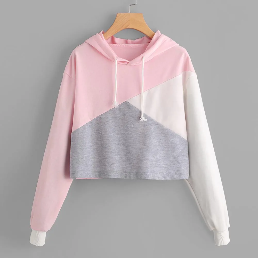 

Womens Winter Sweatshirts Long Sleeve Color Block Parchwork Girls Sweet Hooded Sweatshirt Jumper Top Korean Hoodie Poleron Mujer