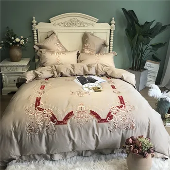 

Luxury Embroidery Brown Bed Set Queen/King Size Bedding Set Egyptian cotton Duvet cover Bed sheet set Fitted sheet parure de lit