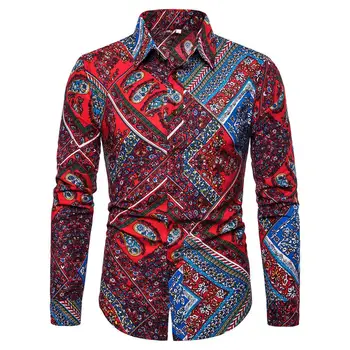 

High Quality Men Shirt 2019 Brand Fashion Casual Slim Geometric Print Long Sleeve Shirt Men Business Social White Top Clothes