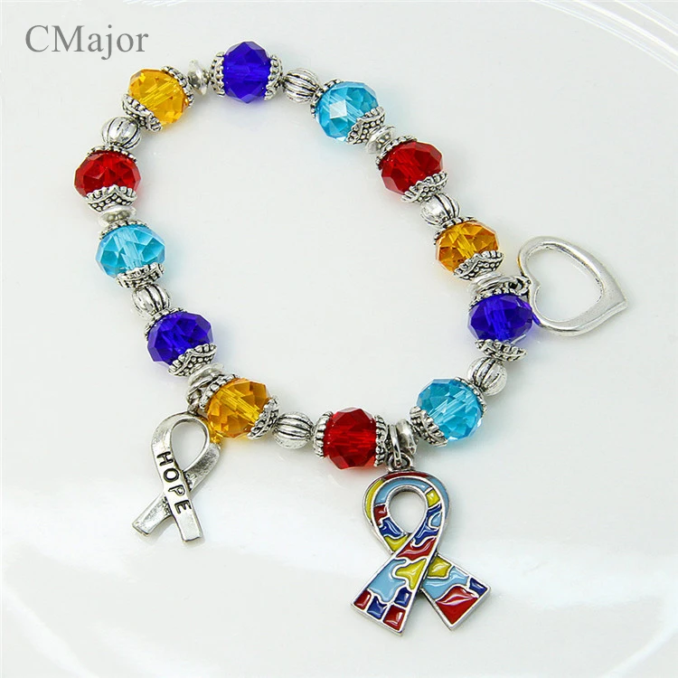 

CMajor DIY Bracelets For Autism Awareness Hope Symbol Jigsaw Puzzle Ribbon Bracelet With Color Glass Beads Heart Charm Jewerly