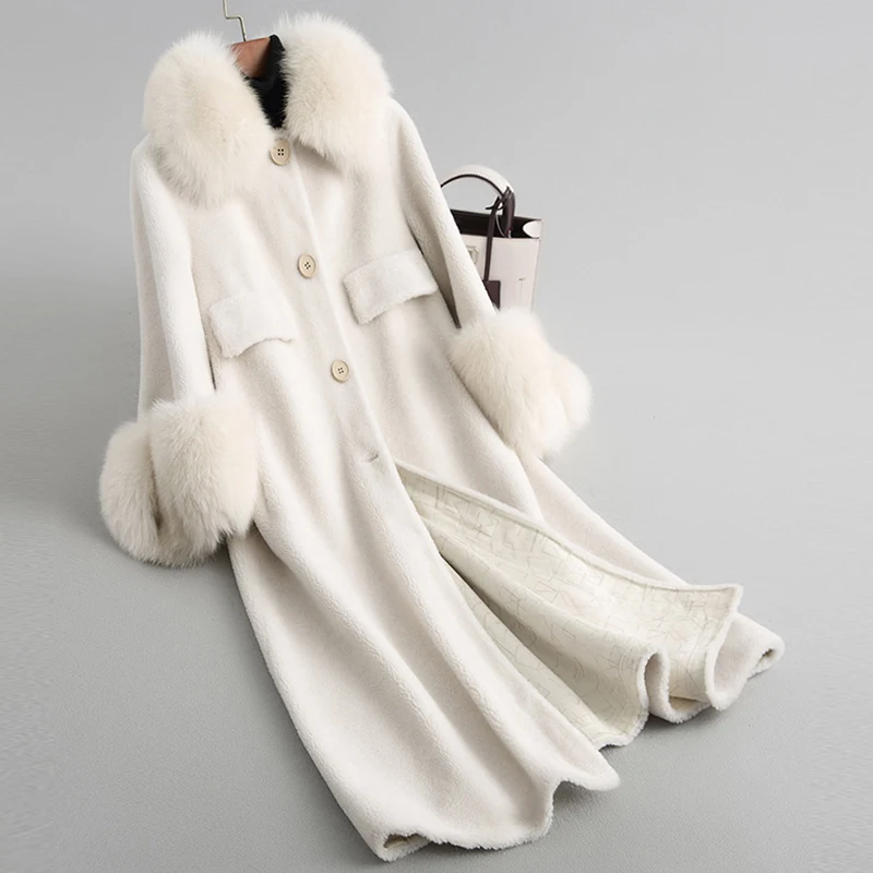 

2018 New Women Real Wool Fur Coats Sheep Shearing Coat Female Long Warm Winter Outwear Natural Fox Fur Collar Jackets LL2016