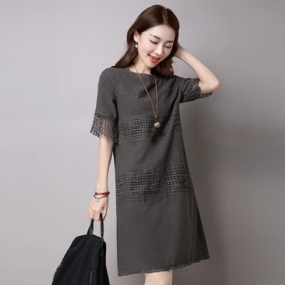Women-Dress-White-Gray-Color-O-Neck-Short-Sleeve-Cotton-Linen-A-Line-Dress-Plus-Size (1)