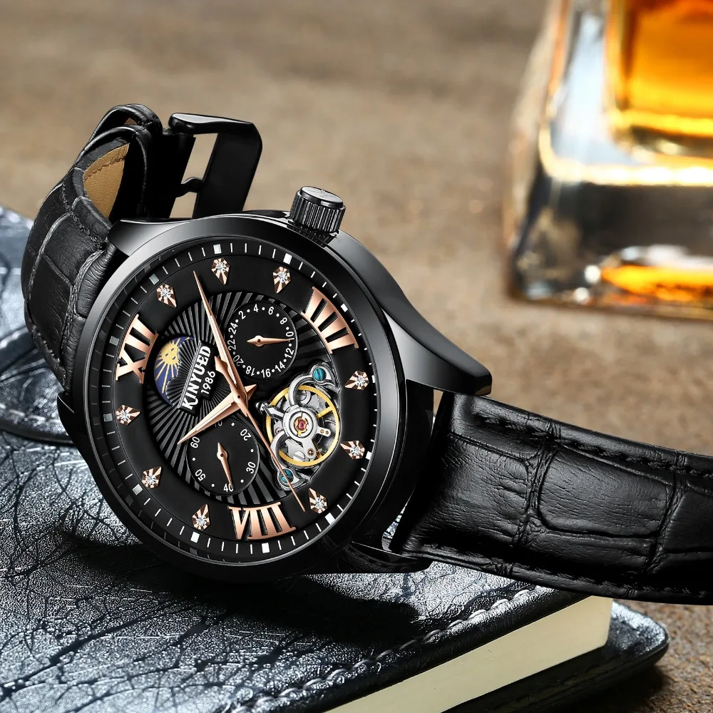 

KINYUED Luxury Brand Mechanical Watch Men Automatic Tourbillon Leather Waterproof Rose Mens Wrsitwatch Diamond reloj hombre 2019