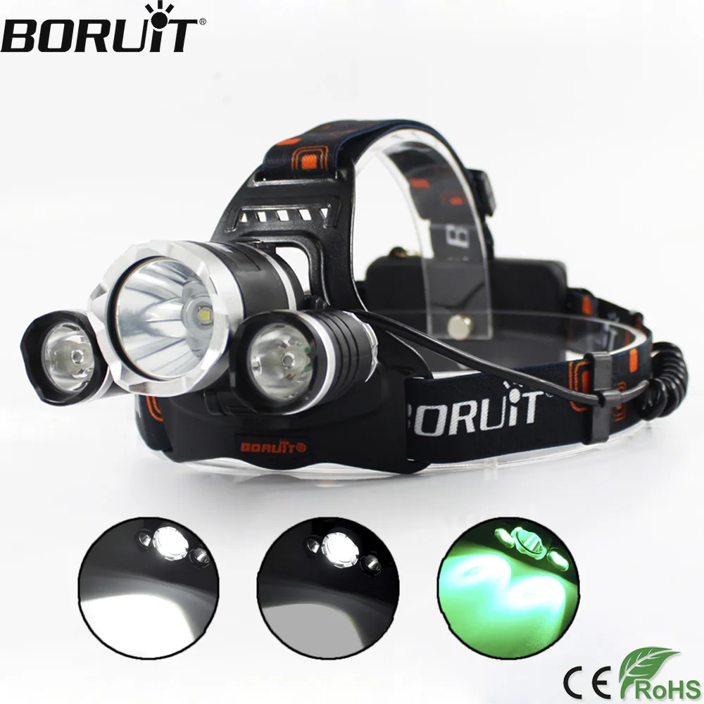 BORUiT 3000LM Green Light Headlamp 3 Mode Headlight XML T6 XPE LED Head