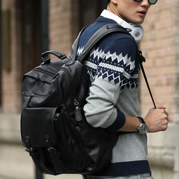 

Burminsa Big Black Men Travel Backpack 15.4inch Laptop Bagpack Large Capacity High Quality PU Leather School Bags For Teenagers