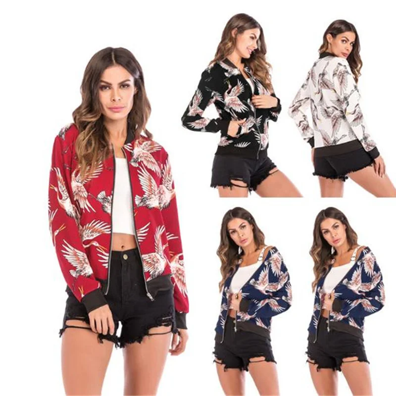 

Flying crane print Women's baseball jacket coat Autumn winter 2019 Streetwear bomber jacket Women baseball jackets Dropshipping