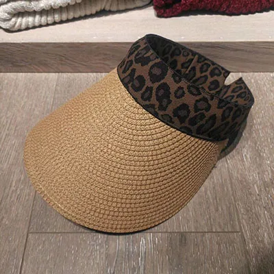Новые женские шляпы от солнца женские леопардовые козырьки s Hand Made широкие поля, из соломы летняя кепка Повседневная Солнцезащитная шляпа с пустым верхом пляж - Цвет: khaki