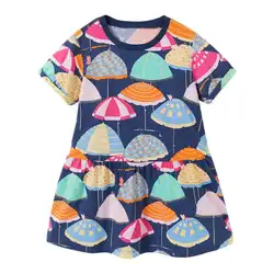 С коротким рукавом для детей летние платья Повседневное Зонтики Печати Детские платья для девочек вечерние из хлопка с круглым вырезом