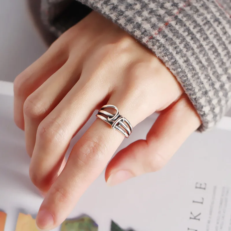 

Silvology 925 Sterling Silver New Multi-layer Line twine Rings Silver Vintage Industrial Wind Female Open Rings 925 Fine Jewelry