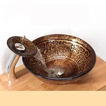 

Round Brown Glass basin sink bowl + MATCHING glass WATERFALL Tap Bathroom