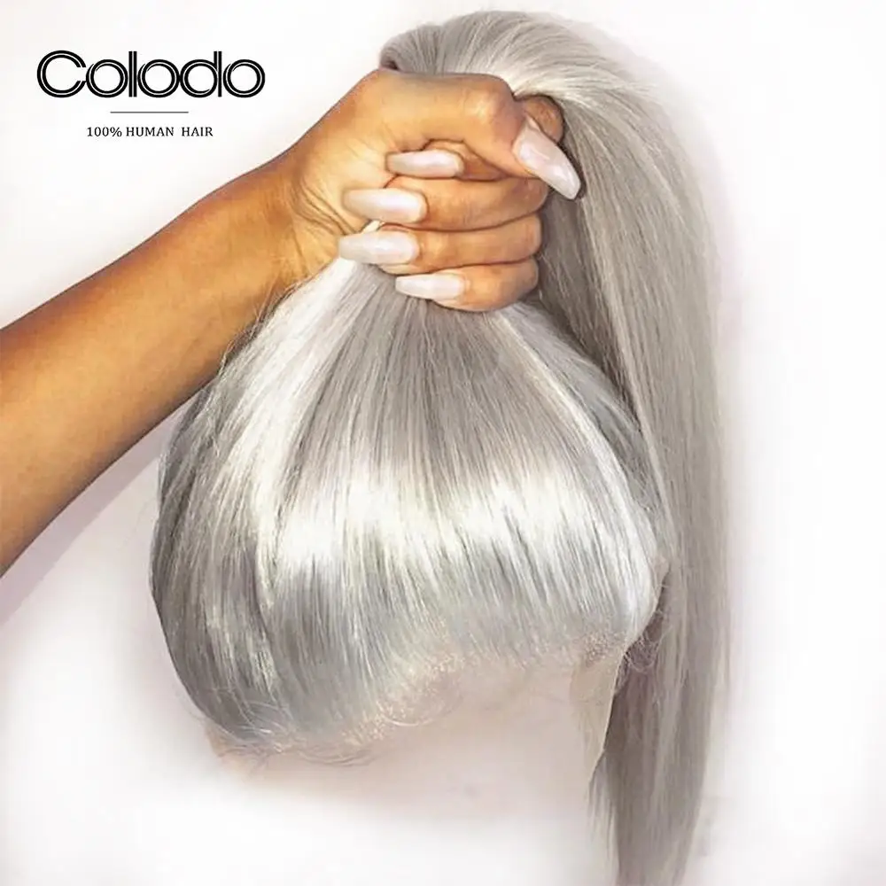 

COLODO Grey Full Lace Human Hair Wigs Pre Plucked with Baby Hair Brazilian Remy Red Straight Lace Front Wig for Black Women
