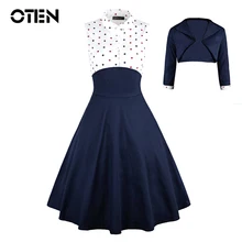 OTEN 2019 Autumn Elegant Women two pieces dress set 2 pcs Polka dot Printed party pin up vestidos retro vintage rockabilly 3XL retro color block polka dot pin up dress
