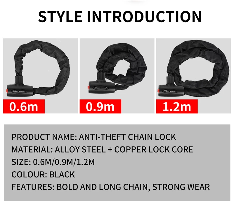 WEST BIKING Bicycle Lock Steel Anti-theft 0.6M / 0.9M / 1.2M Bike Lock With 2 Keys Security Reinforced Bike Bicycle Chain Lock